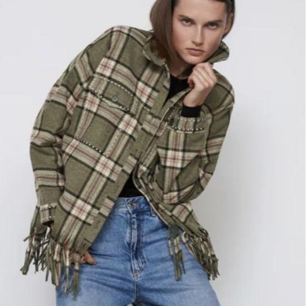 Zara Wool Blend Checkered/Plaid Studded Tassel Hem Overshirt/Jacket Women Large